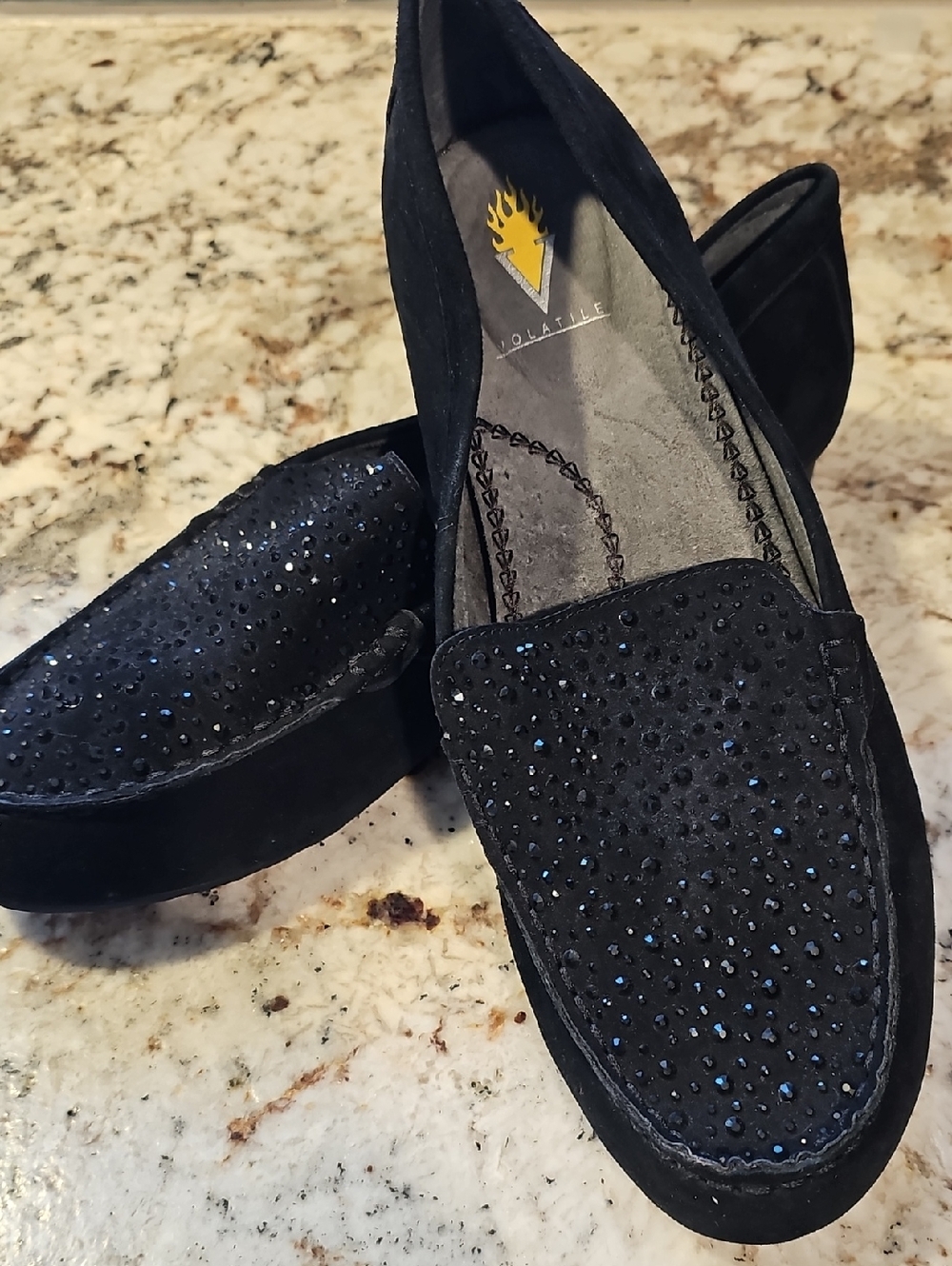 Volatile Black Suede Rhinestone-Studded Loafers